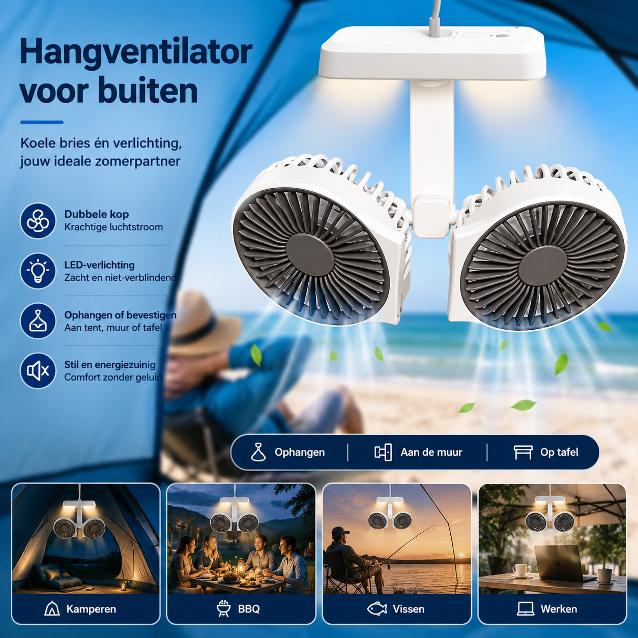 Draagbare USB Mini Ventilator – Dubbele Kop, 360° Draaibaar & Oplaadbaar