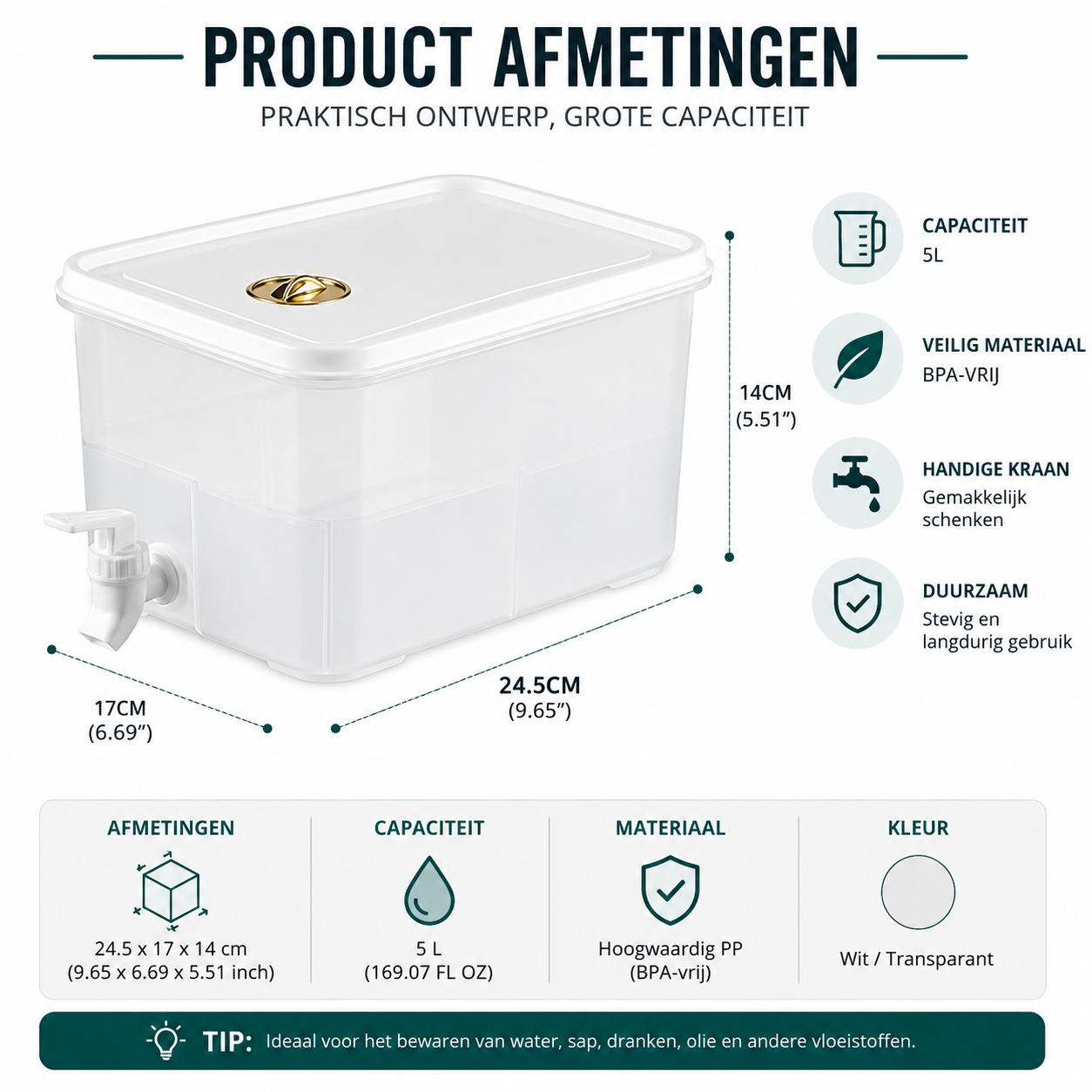 Koudwater dispenser 5L – waterkan met kraan