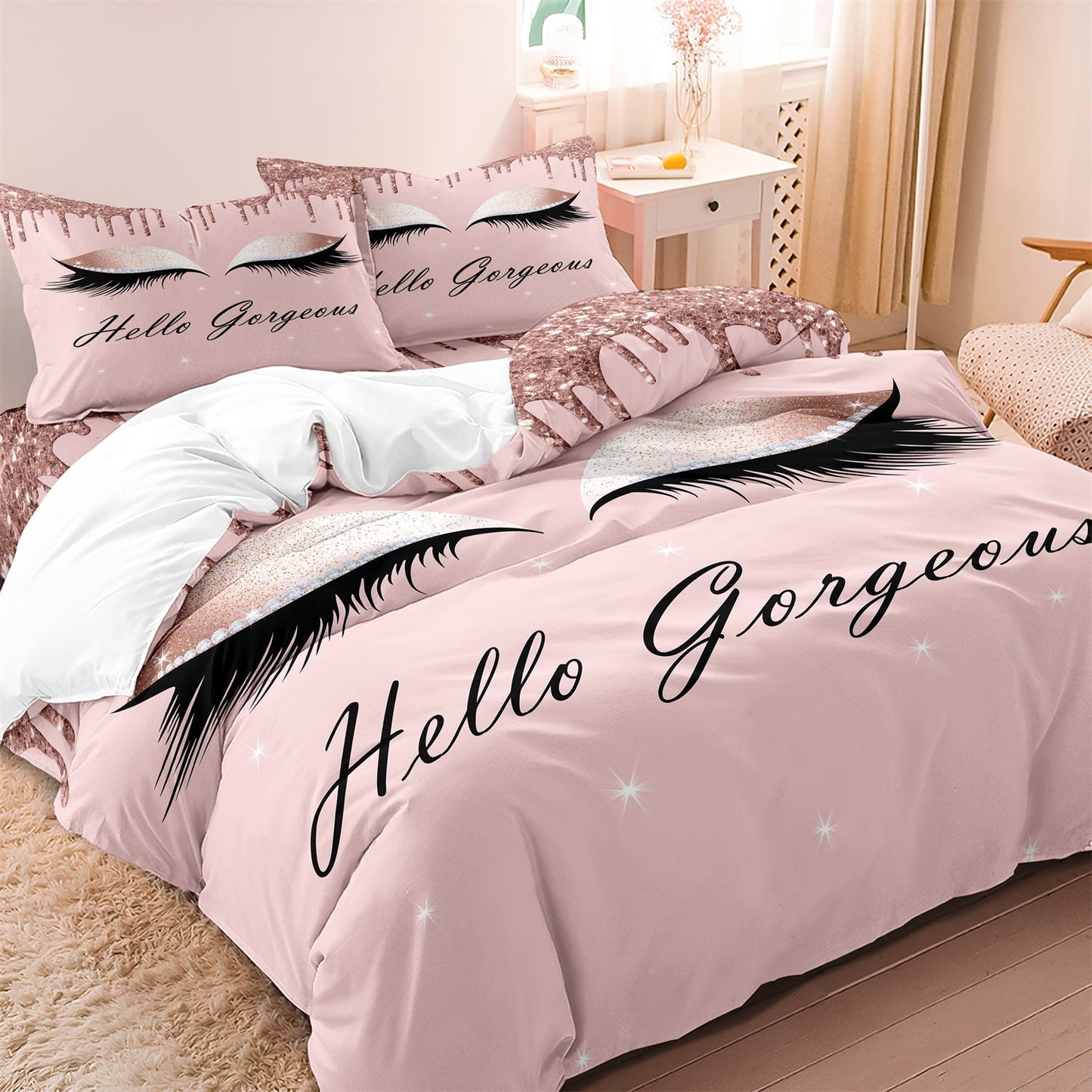 GlamGlow - Hello Gorgeous Oog Wimper Gedrukte Dekbedovertrek Beddengoed Set