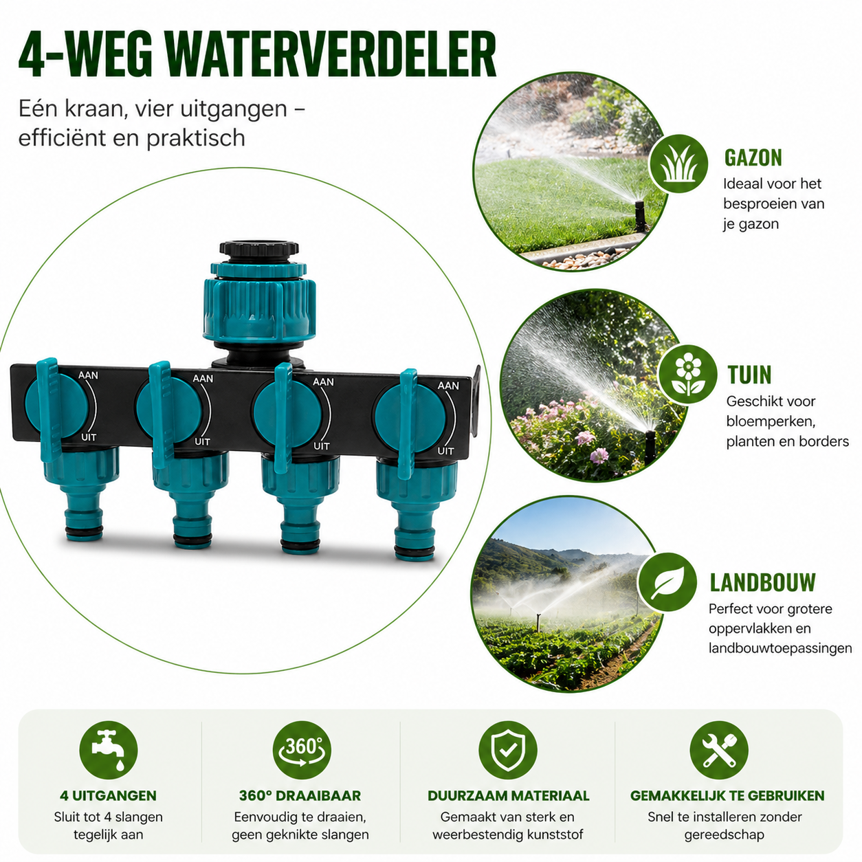 4-Weg Tuinslang Verdeler – Flexibele Waterverdeling voor de Tuin