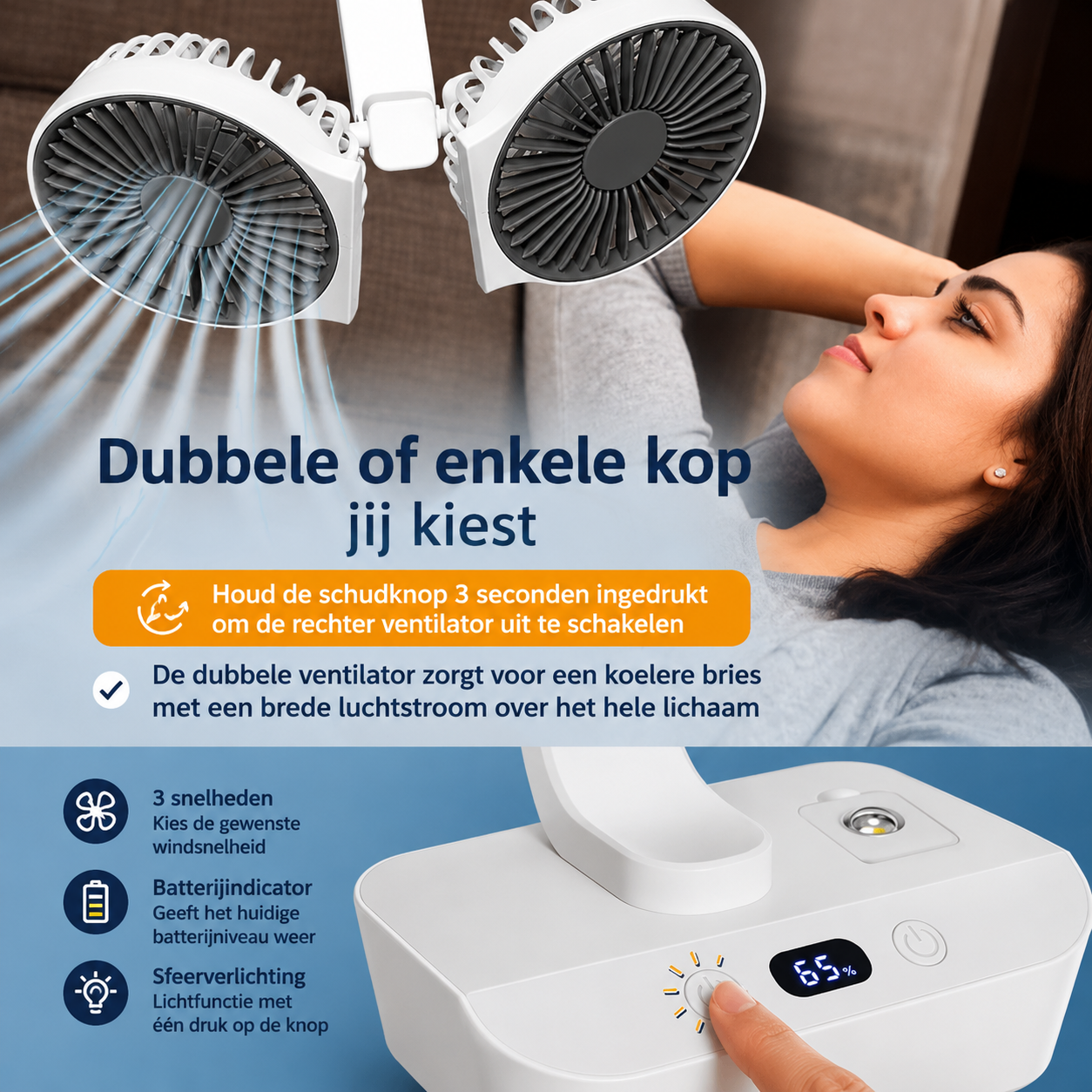 Draagbare USB Mini Ventilator – Dubbele Kop, 360° Draaibaar & Oplaadbaar