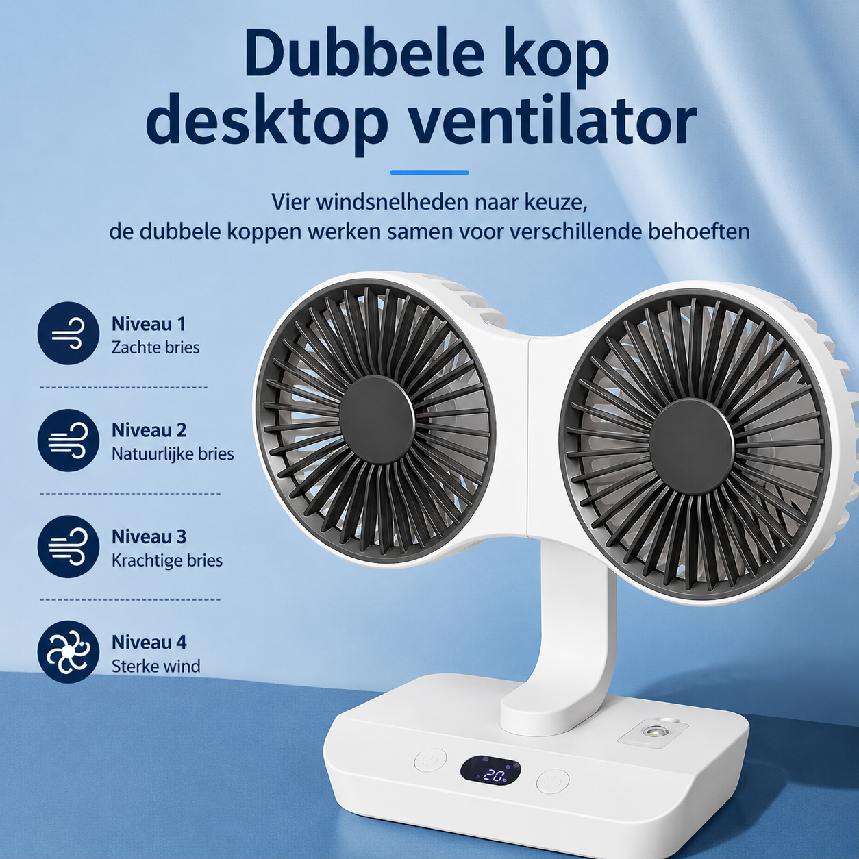 Draagbare USB Mini Ventilator – Dubbele Kop, 360° Draaibaar & Oplaadbaar