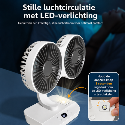 Draagbare USB Mini Ventilator – Dubbele Kop, 360° Draaibaar & Oplaadbaar