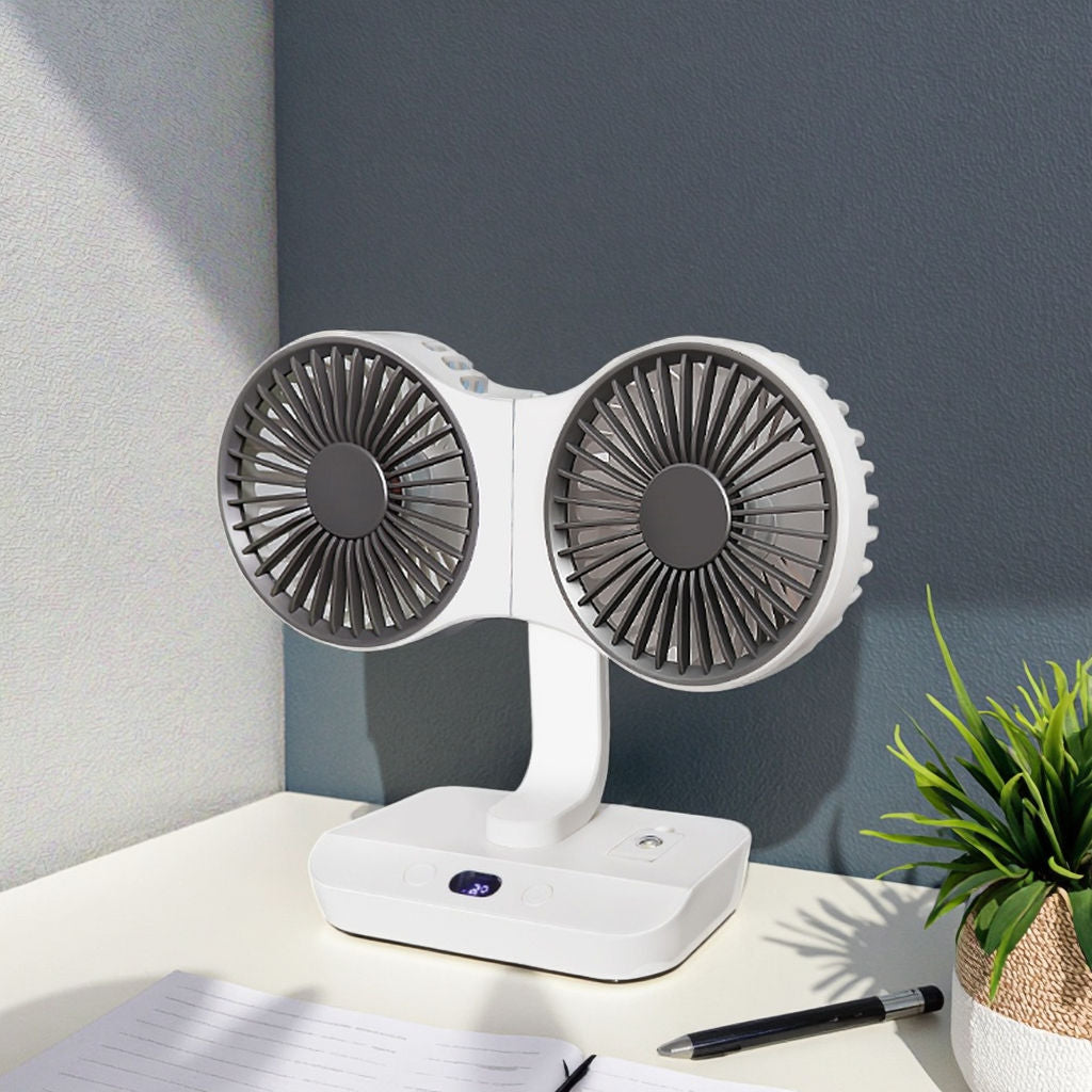 Draagbare USB Mini Ventilator – Dubbele Kop, 360° Draaibaar & Oplaadbaar