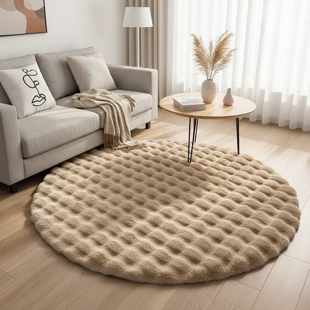 Rond hoogpolig vloerkleed – Scandinavische woonstijl