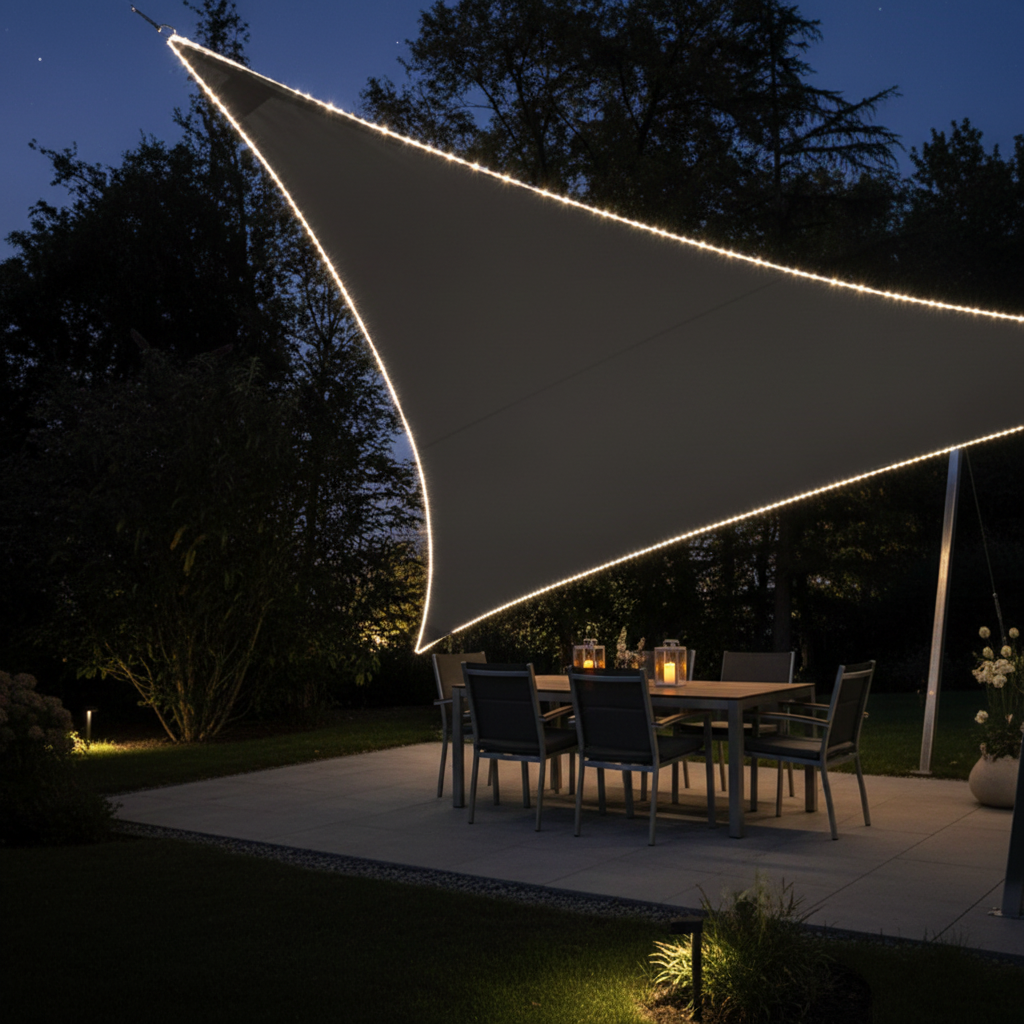 Perel Zonnezeil LED Antraciet - lifestyle modern tuinterras bij schemering
