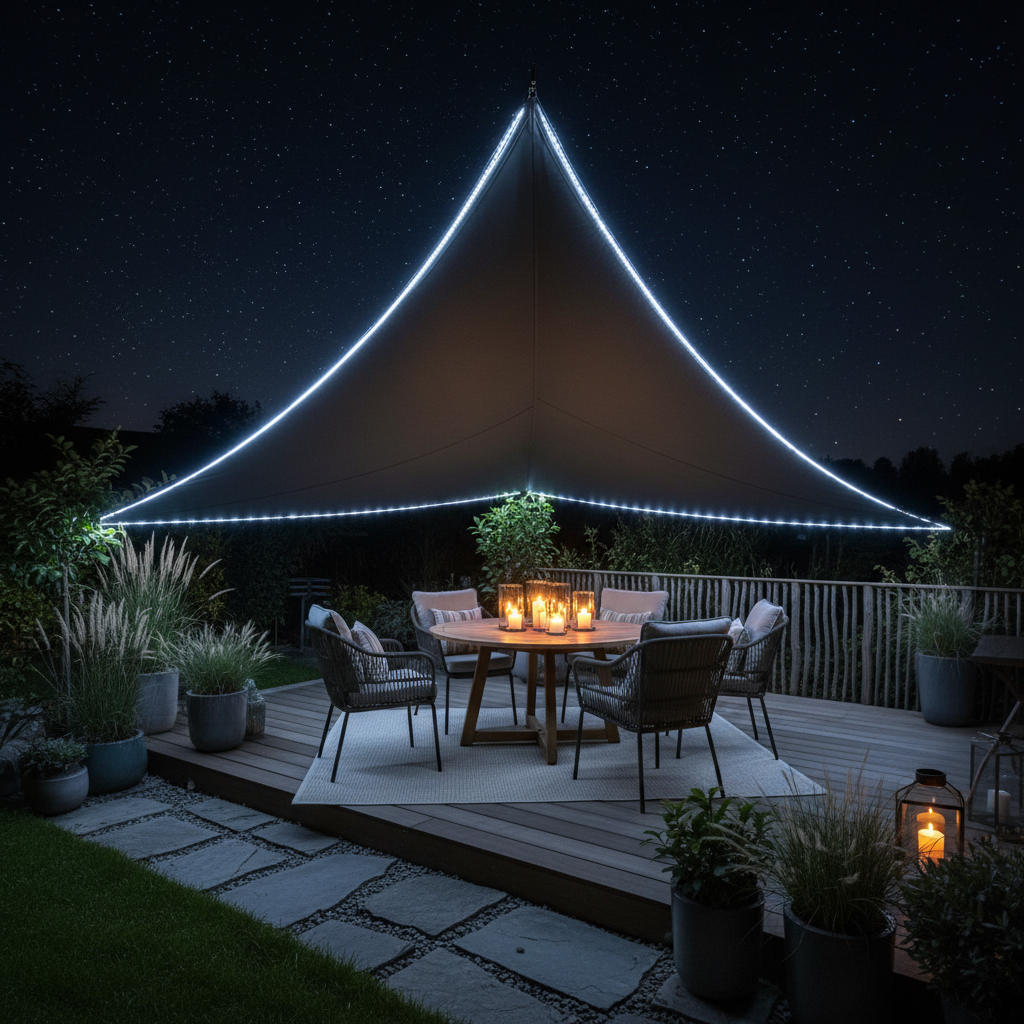 Perel Zonnezeil LED Antraciet - elegante avondsfeer met sterren en kaarsen