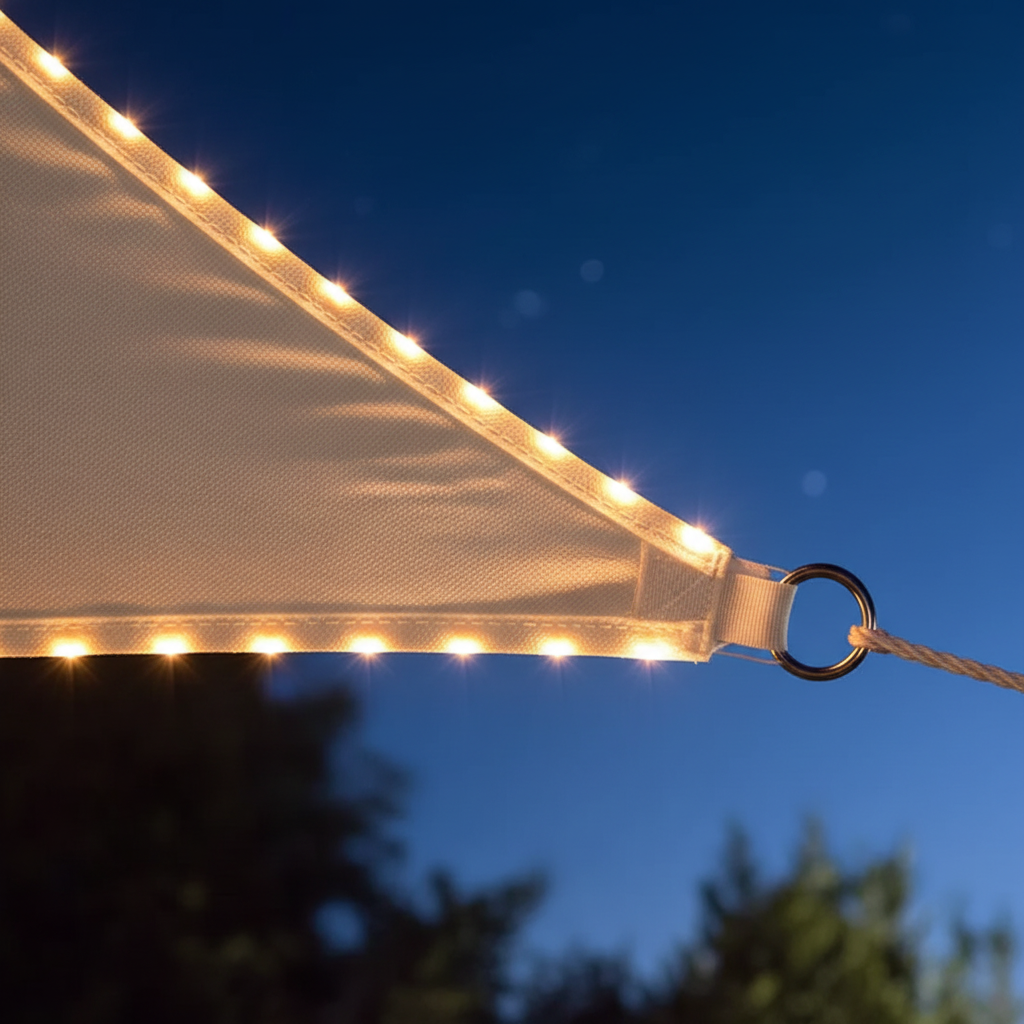 Perel Zonnezeil LED-Randverlichting - detail rand met LED-verlichting en ring