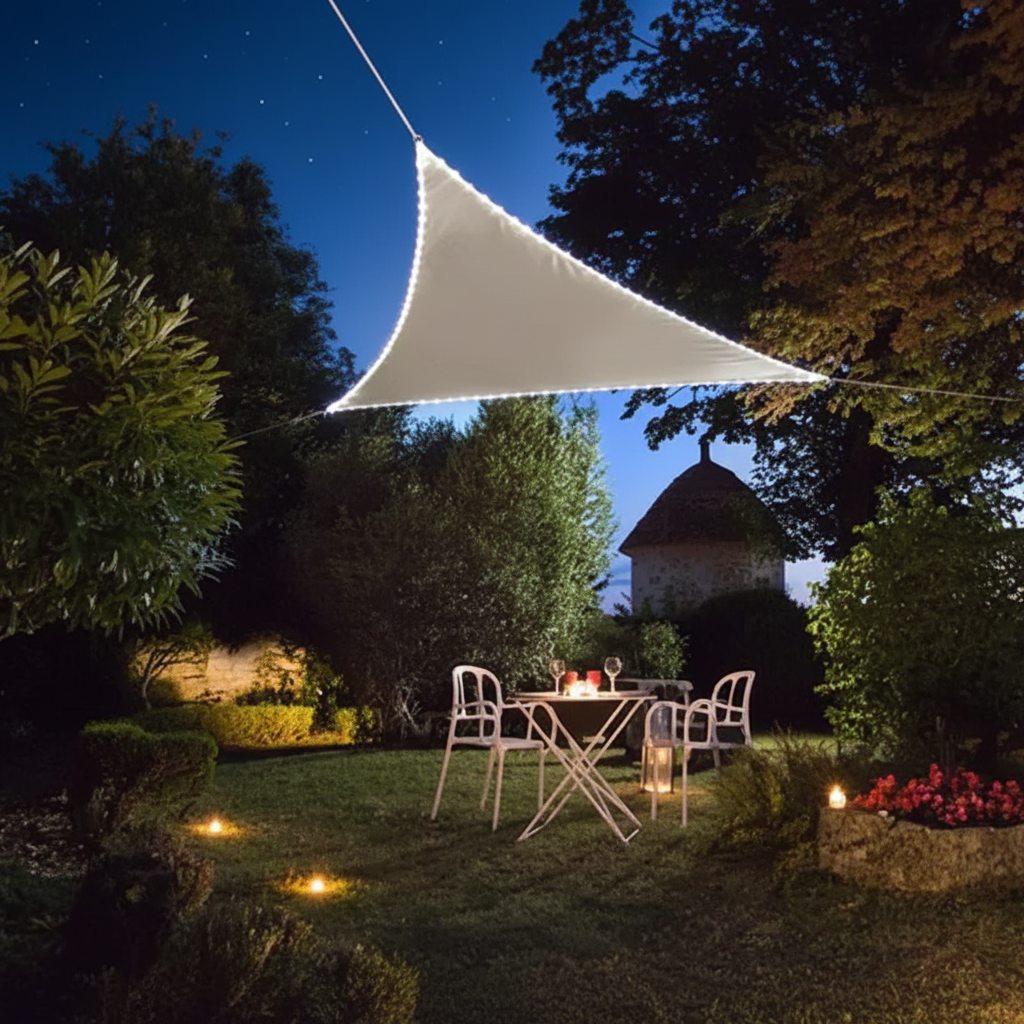 Perel Zonnezeil LED-Randverlichting - lifestyle romantische tuintafel bij schemering