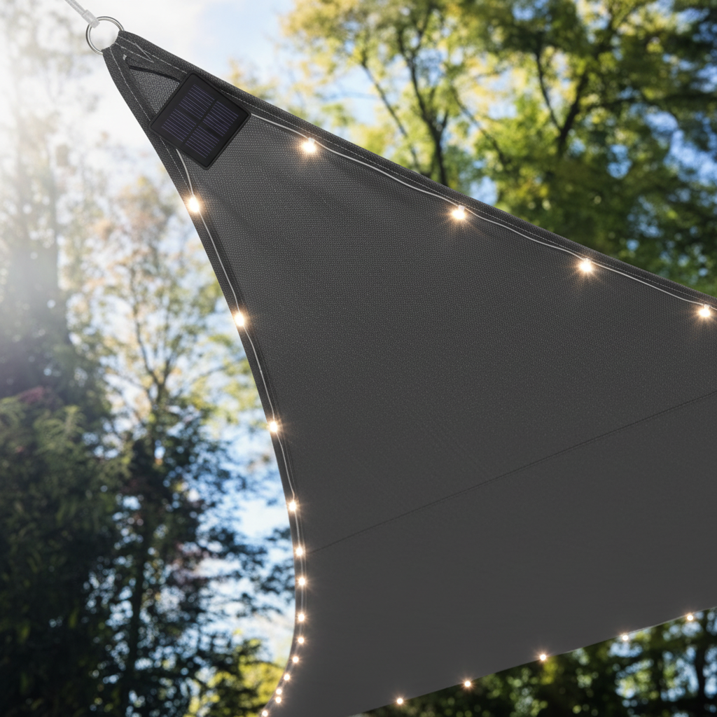 Perel Zonnezeil LED Antraciet - detail stof LED-verlichting en zonnepaneel